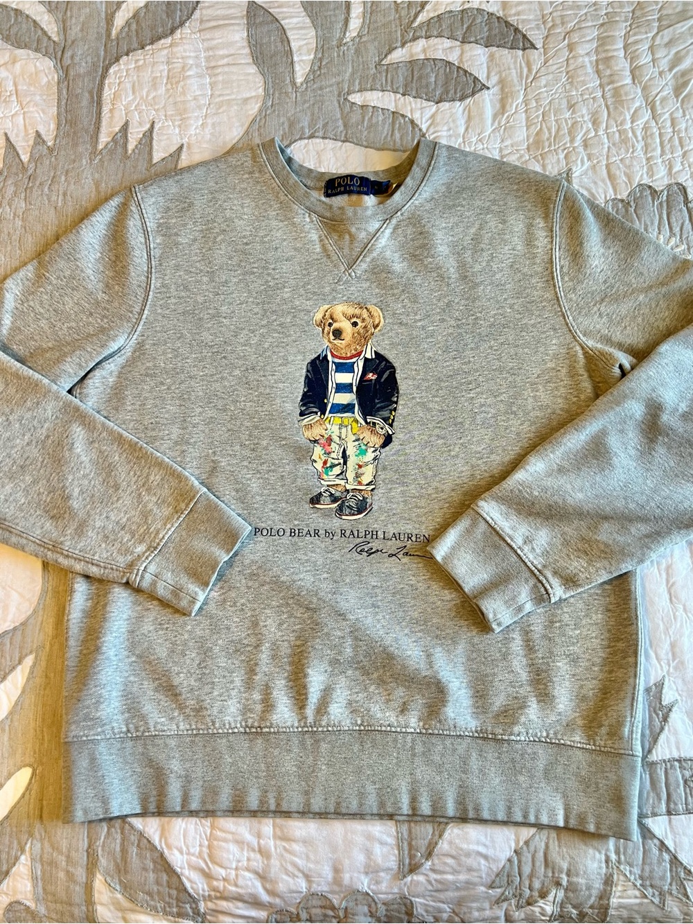 Polo Ralph Lauren Paint Splatter Bear Grey Sweatshirt Pullover Crewneck Medium